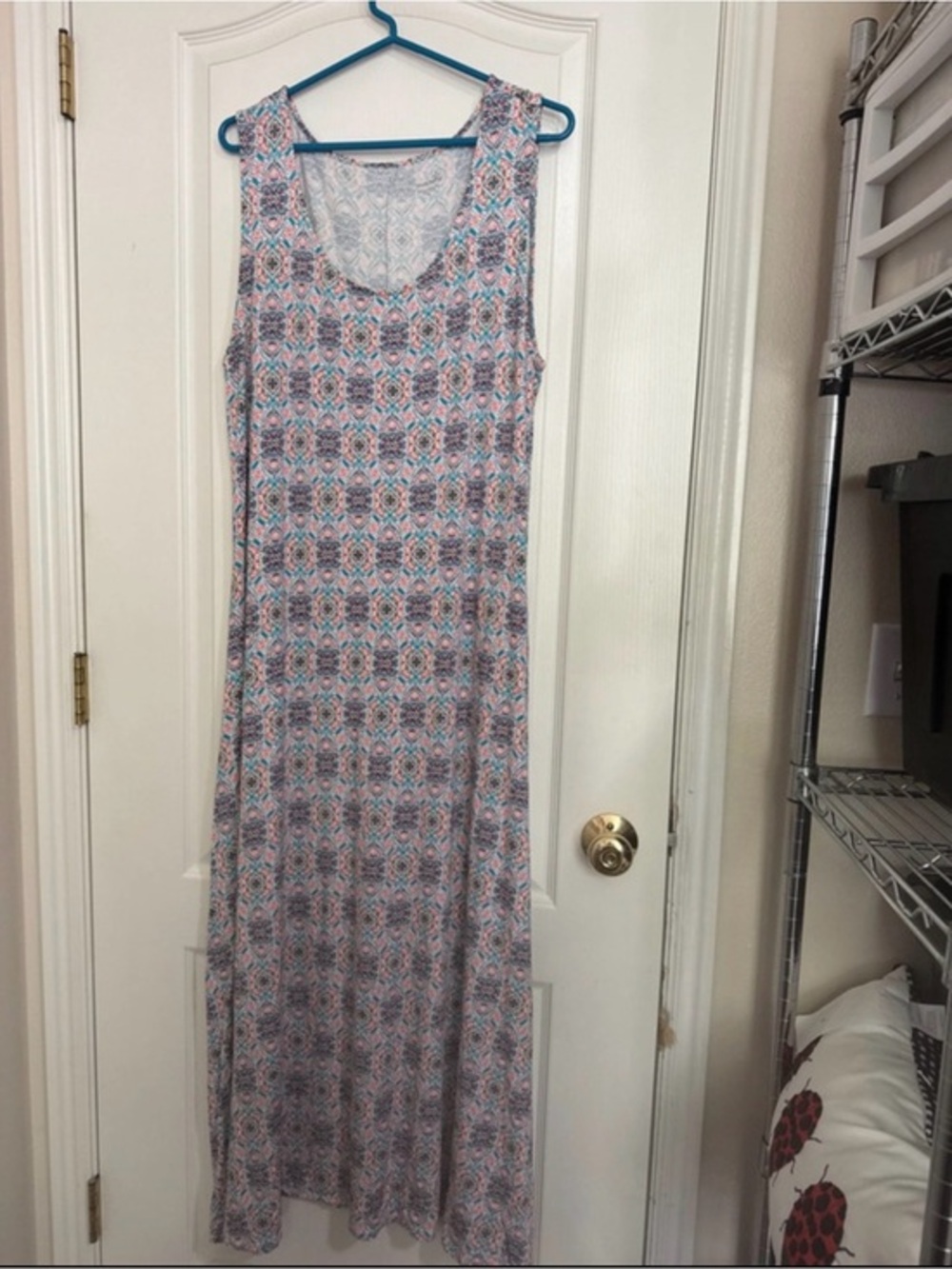 TravelSmith Sleeveless Maxi Dress in Pink and Blue Pattern